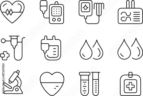 A comprehensive collection of line icons representing various medical and healthcare related items and concepts