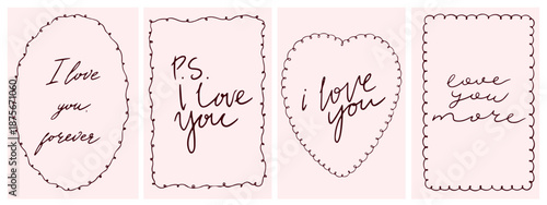 Vintage hand drawn frames. Set of whimsical Valentine's day frames for greeting cards, wedding and birthday party, picnic invitations in cute elegant. Vector elegant coquette line art