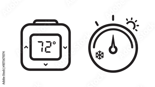 Digital Home Thermostat and Analog Temperature Gauge Dial HVAC Control Icons