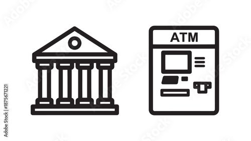 Classic Bank Building and ATM Machine Line Icons for Financial Services and Automated Cash Withdrawal Transaction