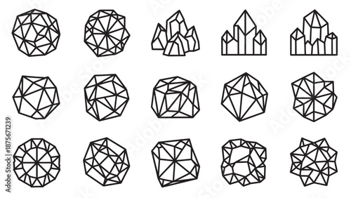Collection of Geometric Mineral Crystal and Gemstone Outline Icons in Various Faceted Shapes for Jewelry or Geology Design