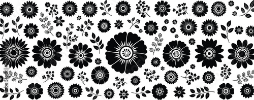 Large vector collection of black floral silhouettes featuring sunflowers daisies and leafy branches isolated on white background for botanical pattern design projects