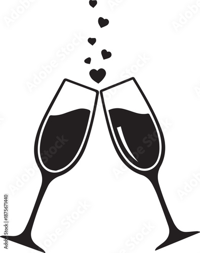 Two champagne glasses clinking with hearts rising