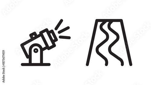 Snow Cannon Machine and Ski Slope Mountain Trail Icons for Winter Resort and Sport Activities