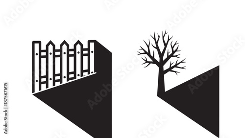 Conceptual Silhouette Icons of Fence and Bare Tree Casting Long Perspective Shadows