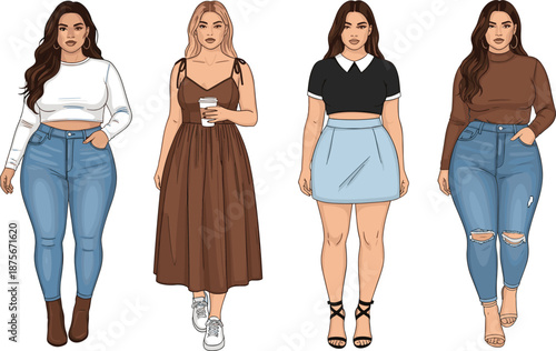 Vector collection of four stylish plus size women wearing trendy casual outfits like jeans and dresses isolated on white background for body positive fashion design