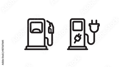 Gas Pump and Electric Vehicle EV Charging Station Icons for Traditional and Green Energy