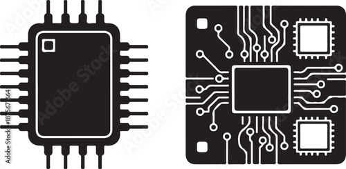 Black and white of computer chips with pins and circuits microchip circuit board