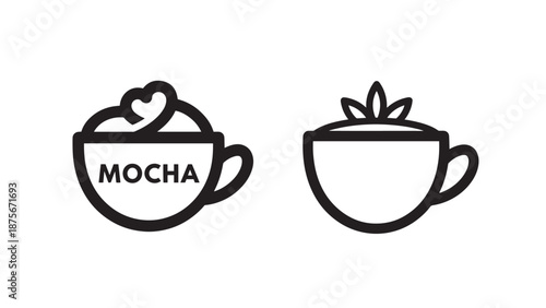 Minimalist Line Art Icon Set of Hot Mocha and Cappuccino Coffee Cups with Heart and Leaf Latte Art
