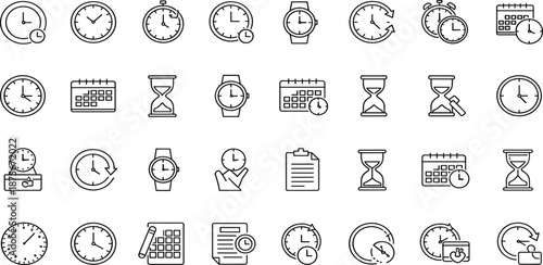 Essential collection of business analytics line icons demonstrating data processing, financial growth, time management, and market performance for strategic planning