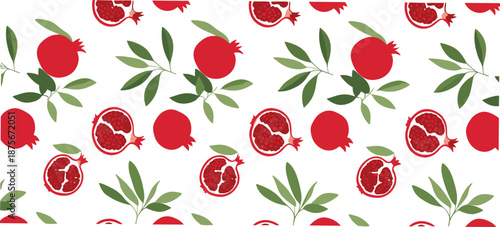 Seamless Pomegranate Pattern Vector with Red Fruits and Green Leaves for Textile, Packaging, and Background Design