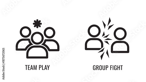 Social Interaction Icons Representing Collaborative Team Play and Aggressive Group Fight Conflict