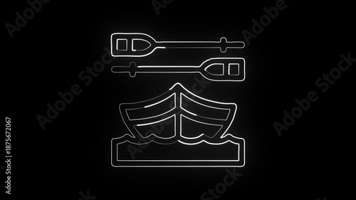 Glowing neon line canoe with gentle water ripple motion. Watercraft icon animation HD video isolated on black background