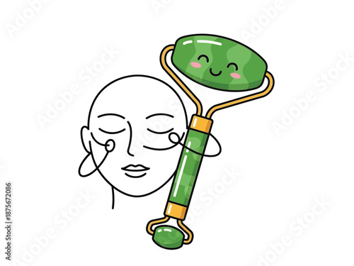 Cartoon illustration of a person using a green jade roller on their face for skincare and massage.