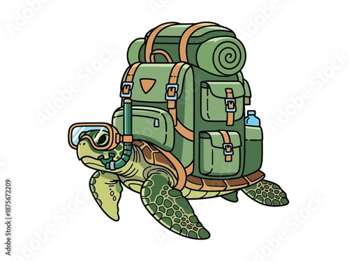 A cartoon illustration of a green sea turtle wearing a large hiking backpack and snorkeling gear, ready for adventure.