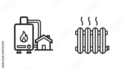 Residential Heating System Icons Featuring a Modern Gas Boiler and Classic Radiator