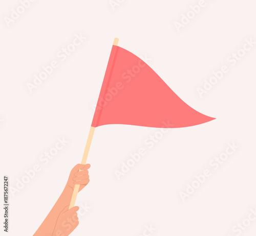 Two hands holding a big red triangular flag. Flat vector illustration