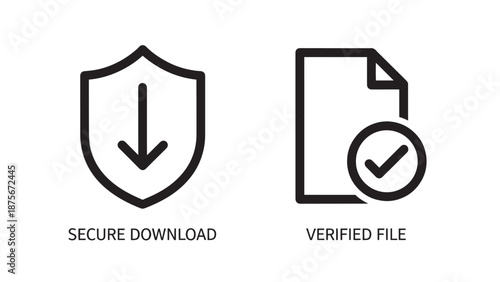 Digital Security Icons Showing a Shield for Secure Download and a Verified File Document with a Checkmark for Trusted Software Usage