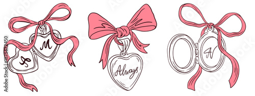 Hand drawn lockets with ribbon and bow. Set of whimsical girly medallion for greeting cards, wedding, Valentine's Day, invitations. Coquette vintage love lockets. Vector elegant line art