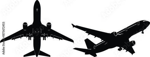 Airplane, Jet, Aircraft, Silhouette, Commercial, Flight, Aviation, Fuselage, Wing, Engine, Gear, Window, Perspective, Side, Bottom, View, Vector, Design, Illustration, Black