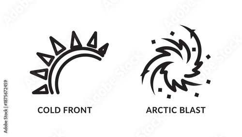Meteorological Weather Symbols Representing a Cold Front Moving Across the Sun and an Arctic Blast Winter Storm Vortex Icon