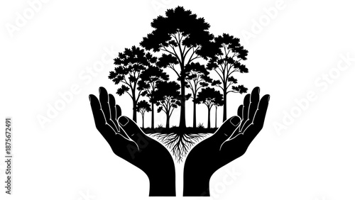 Hands Holding Trees Silhouette Illustration.
