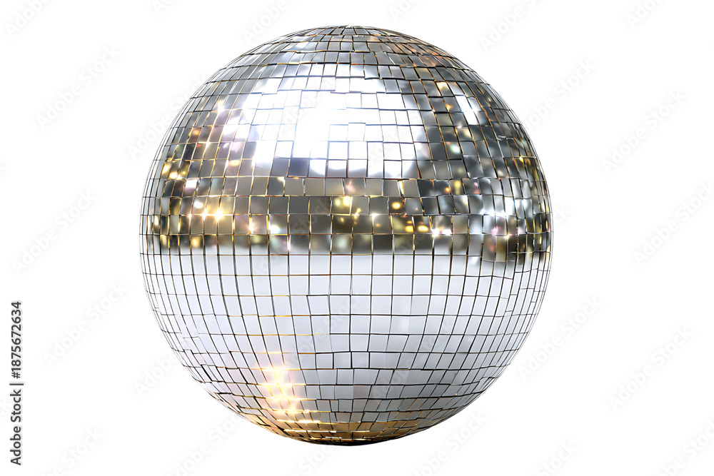 Fototapeta premium Shimmering Colorful Disco Ball with Reflective Mirror Tiles, isolated on a transparent background.