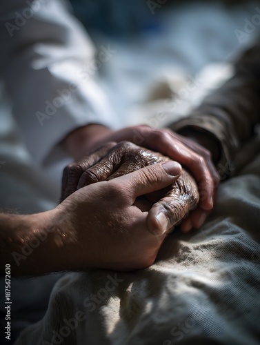A gentle hand holds the weathered hand, evoking profound themes of care, support, and empathy in a tender moment. 