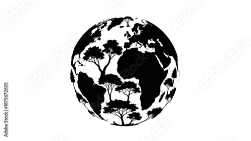 Black and White Globe Illustration with Trees.