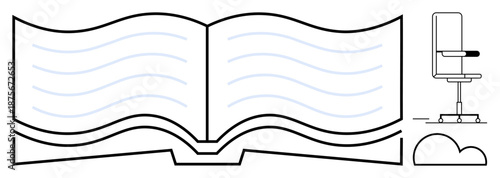 Education, knowledge sharing, online learning, libraries, academic resources, workspaces. An open book with a nearby chair and cloud-thumbs up design. Education and knowledge sharing concept