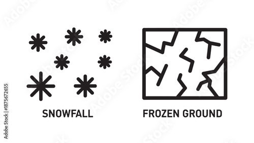Vector Line Icons of Snowfall Patterns and Cracked Frozen Ground Surfaces for Winter Environment Design