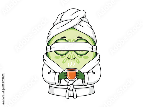 A cute cartoon cucumber character in a bathrobe with cucumber slices on its eyes, holding a steaming cup, enjoying a relaxing spa day.