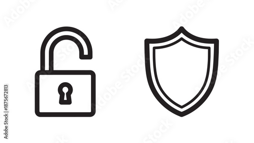 Cyber Security and Data Protection Icons Featuring an Unlocked Padlock and a Classic Safety Shield