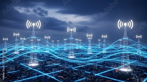 Smart city communication network and telecommunication towers. 5G technology and wireless connection. Signal towers emitting waves over an illuminated urban skyline during blue hour