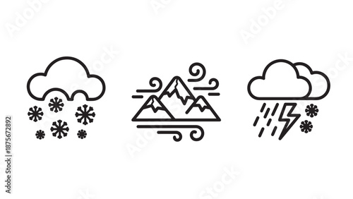 Extreme Weather Conditions Icons Featuring Heavy Snow Blizzards Wind Gusts and Lightning Storms
