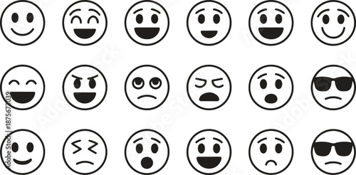 A large collection of expressive outline emoji faces showing a wide range of human emotions and feelings