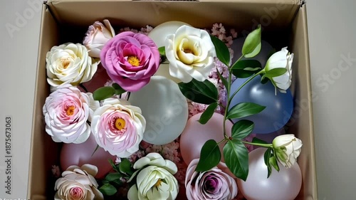 A box of flowers with balloons inside. The balloons are of different colors and sizes. The flowers are arranged in a way that they are not touching each other
