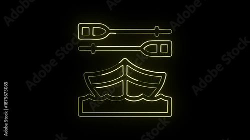Glowing neon line canoe with gentle water ripple motion. Watercraft icon animation HD video isolated on black background