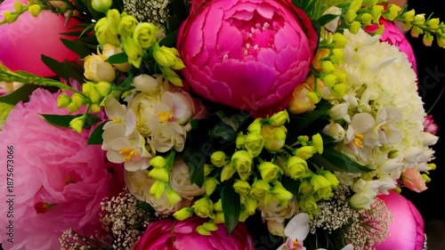 A bouquet of flowers with pink and white flowers and a white rose. The flowers are arranged in a box