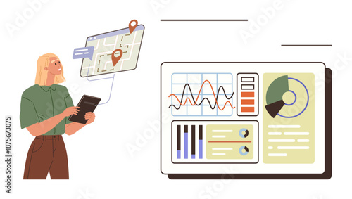 Data visualization, geolocation services, technology, business analytics, user interface, data tracking. Woman holding tablet, analyzing a digital map and dashboard. Data visualization