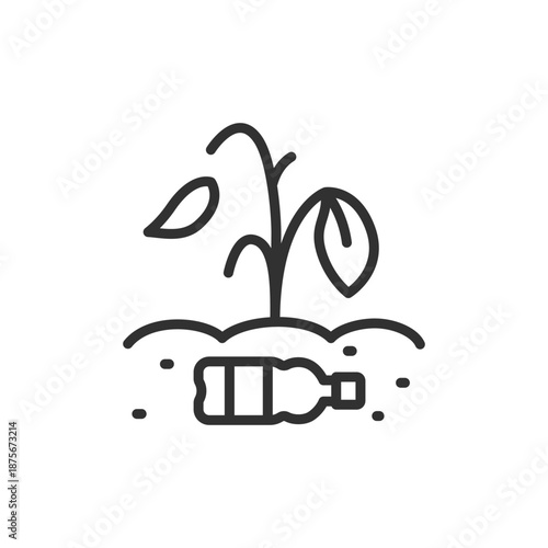 Withered plant and bottle, linear icon. Environmental pollution and soil contamination. Line with editable stroke.