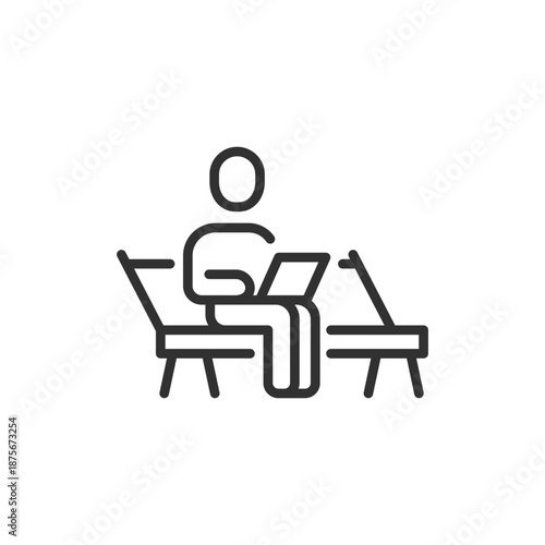 Person sitting on bench with laptop, linear icon. Outdoor work and remote activity. Line with editable stroke.