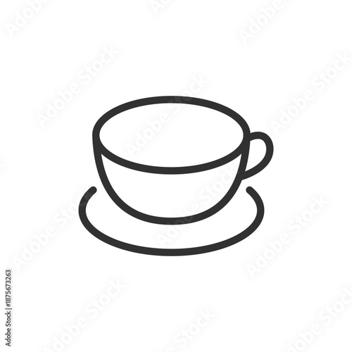 Cup with saucer, linear icon. Hot drink and coffee break. Line with editable stroke.