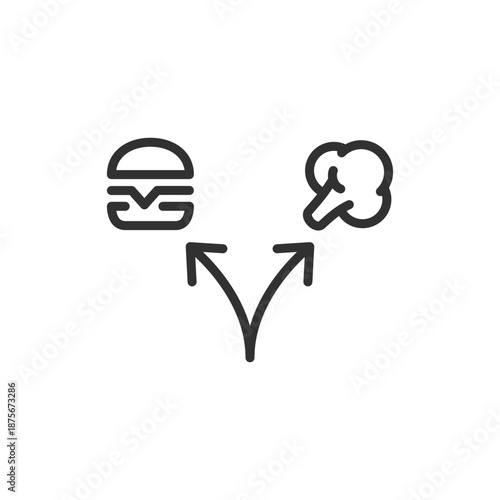Burger and broccoli with arrows, linear icon. Food choice and nutrition decision. Line with editable stroke.