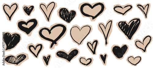 Cut out funky hearts scrapbook doodle elements. Hand drawn crayon scribble collage stickers set. Vector torn craft paper shapes with texture for design notebooks, diaries, journaling