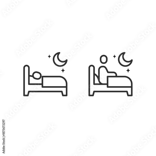 Two beds with moon, linear icons. Sleep quality and rest comparison. Line with editable stroke.
