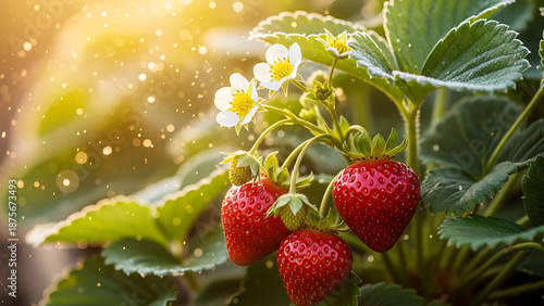 Ripe strawberries growing on plant with white flowers in sunlight  