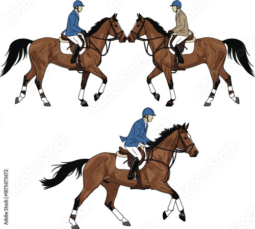 Equestrian horse riding vector illustration set featuring riders on horses performing dressage and show jumping poses