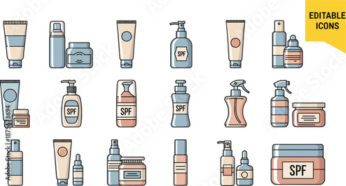 Various cosmetic products with S P F labels in blue beige and peach colors skincare sunscreen