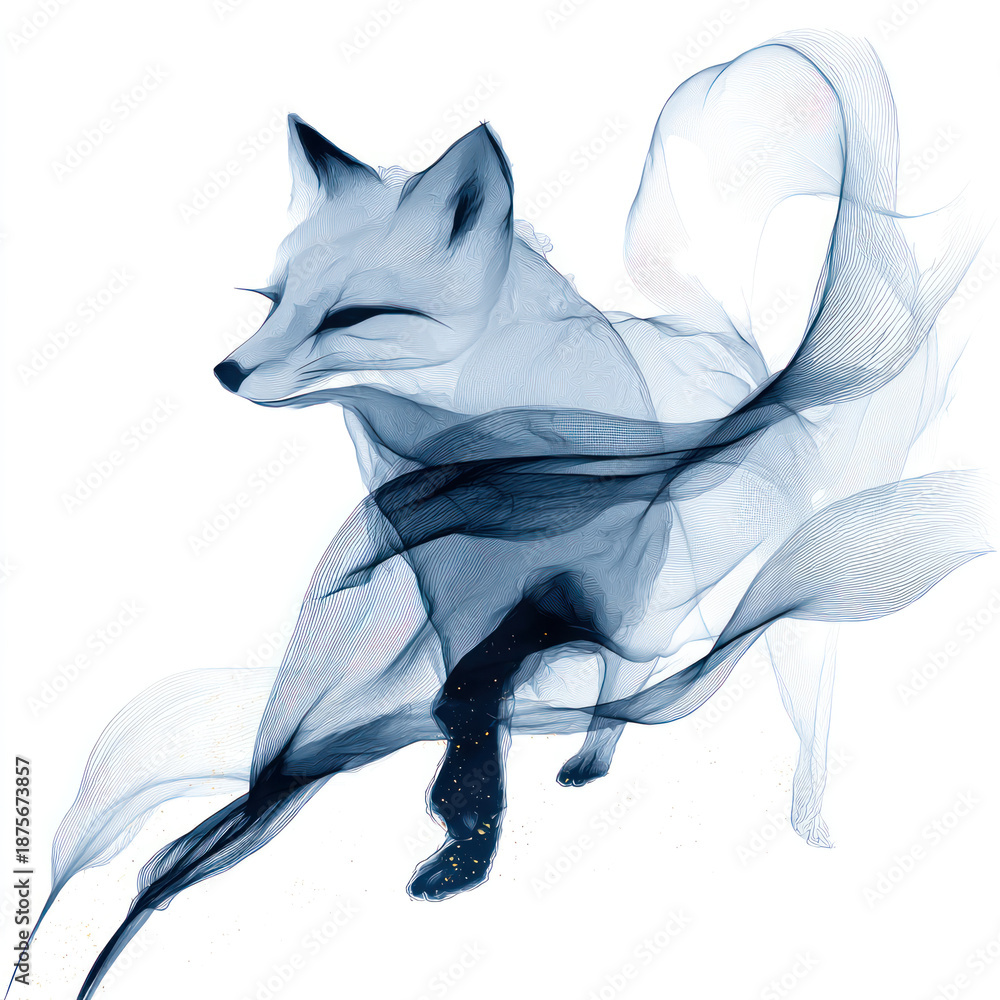 Fototapeta premium An artistic abstract illustration of a fox, created using the airbrush technique with a smoke and translucent flow effect. 